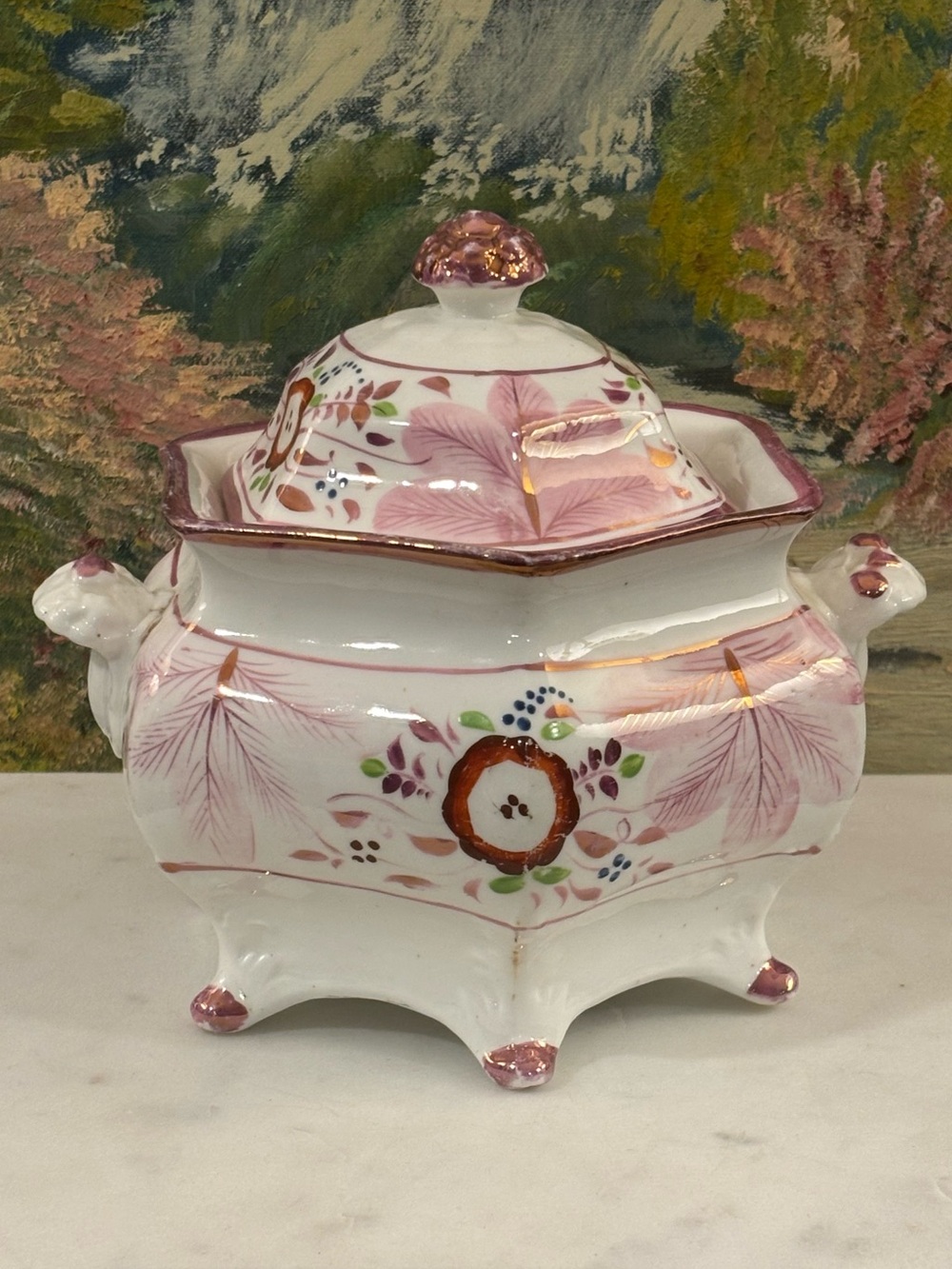 Victorian English Porcelain Covered Sugar Bowl Cottagecore Antique Floral Decor